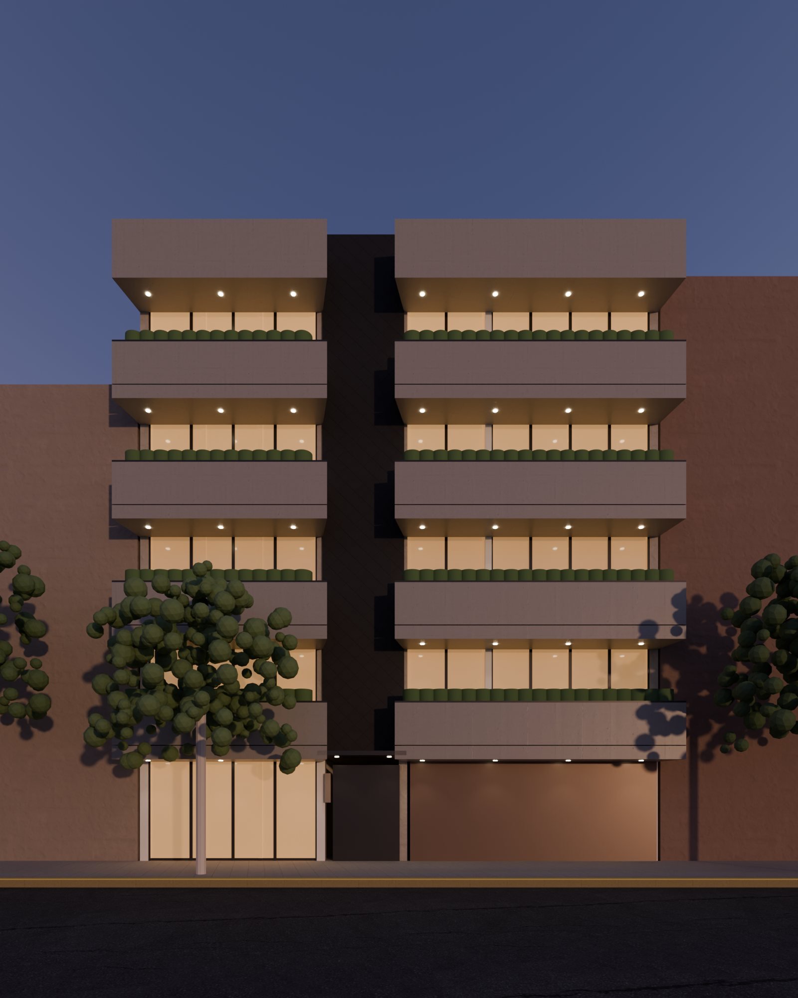 Fachada renovada de Nicolás San Juan 1136 al atardecer: dos columnas de balcones volados en concreto pulido, paño central de recinto negro y cancelería negra